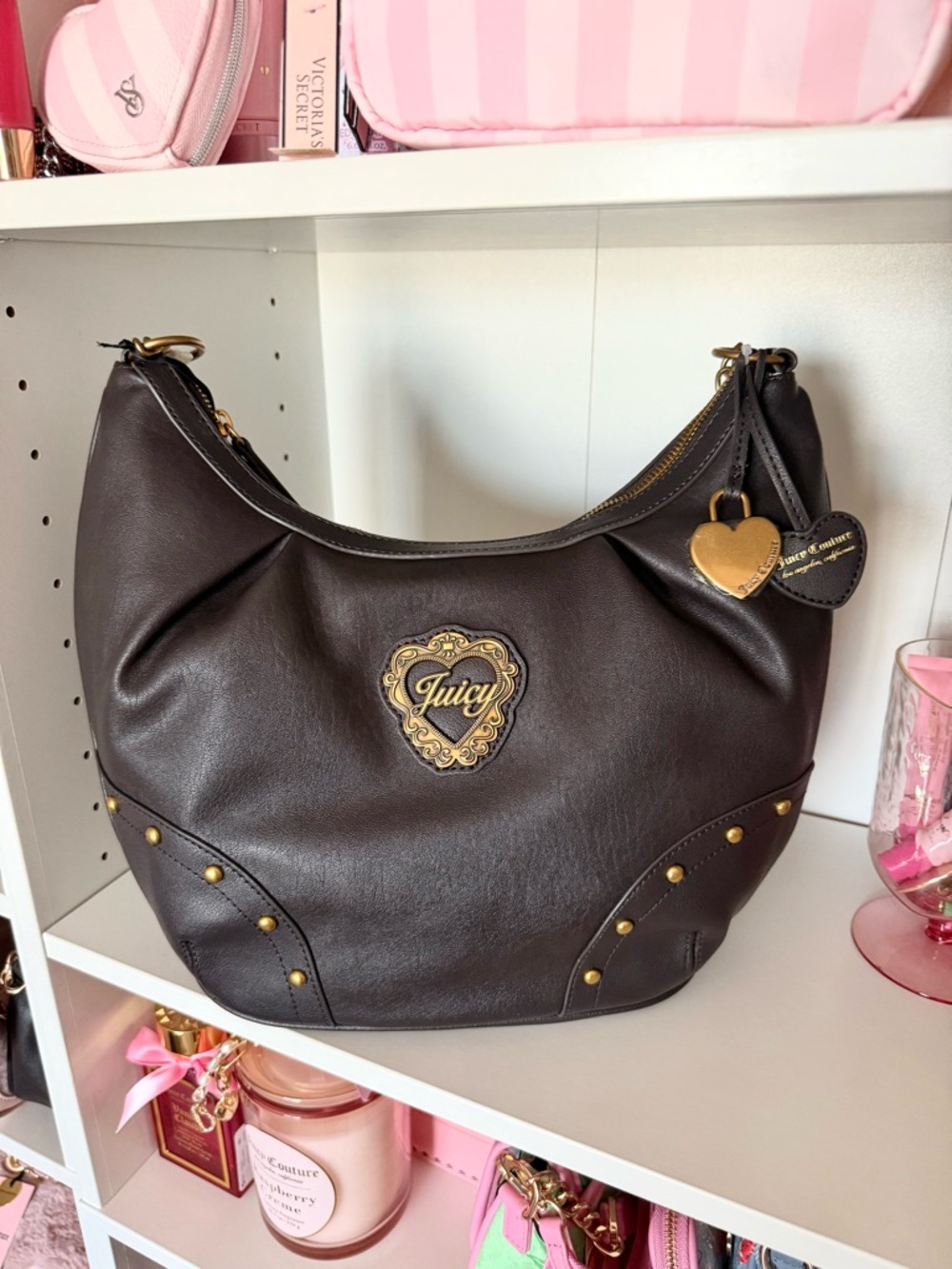 Juicy Couture “In Her Juicy Era” Brown Leather Hobo Bag with Gold Accents